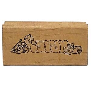 VTG Art Impressions Aaron Rubber Stamp 1"x2" Sports Bubble Letters Name Wood